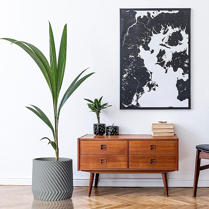 Fox & Fern Large Indoor Planter, Modern Large Plant Pot for Indoor or Outdoor, UV and Frost Resistant - 12 Inch, Matte Gray Flower Pot with Drainage Plug, 3D Printed Design