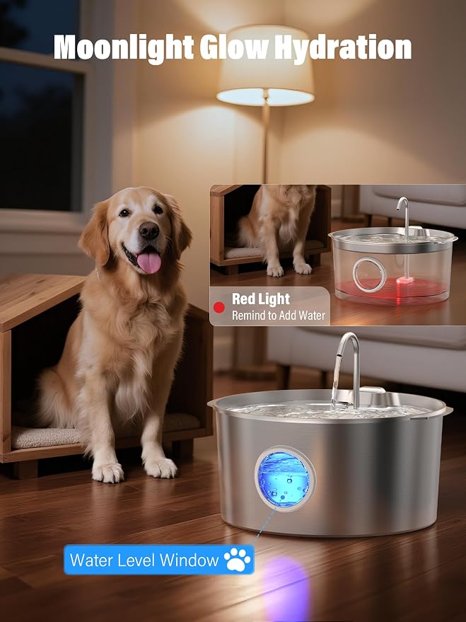 3.4Gal Dog Water Fountain for Large Dogs, Extra Large Stainless Steel Pet Water Fountain, Round Dog Water Bowl Dispenser with Metal Handle, Water Level Window for Multi Pet Home