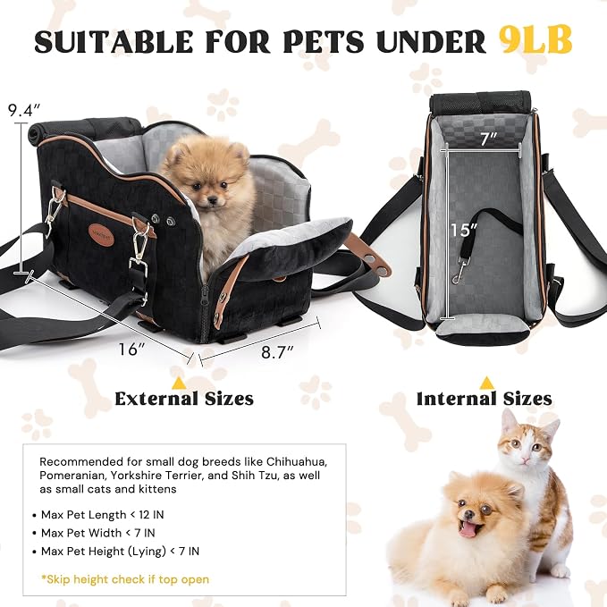 Center Puppy Car Seat,Console Dog Booster for Traveling,Under 10LB | Small Dog Car Seat,Hand-held,Crossbody,Protective Top Mesh,Cushioning Cozy