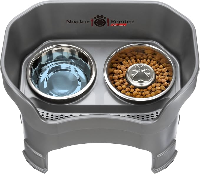 Neater Feeder Deluxe Mess-Proof Elevated Dog Bowls for Large Dogs (40+ lbs), 2 Height Adjustable (14.5” & 17.5”) No-Spill Raised Dog Bowl Stand w/Slow Feed Bowl for Food, Made in USA, Grey