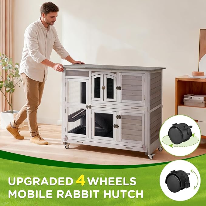 Gutinneen Large Indoor Rabbit Hutch Mobile Bunny Cage with Chew-Proof Ramp, Locking Leak-Proof Trays - Outdoor 44" Wooden Rabbit Cage with 4 Wheels for Rabbits, Guinea Pigs, Small Animals (Grey)