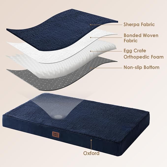 EHEYCIGA Orthopedic Dog Bed Large with Removable Washable Cover, 50IN Navy | Egg Crate Foam Support, Durable Oxford fabric, Non-Slip Bottom, Machine Washable, Soft Waterproof Plush Pet Bed Mat For Crate