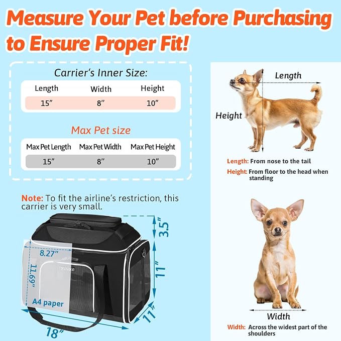 Top-Expandable Small Pet Carrier with Wheels Airline Approved | 18"x11"x11", for Delta/American/United Airlines, Lockable Safety Zippers and Anti-Scratch Mesh, Pets Under 10 Lbs, Black