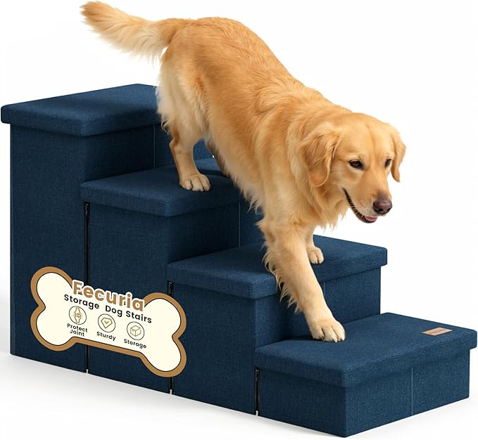 4-Step Wide Dog Stairs with Storage 23" H, Non-Slip Sturdy Pet Steps for High Bed Couch Window, Pet Stairs for Small/Medium/Large Old Dogs Cats Up to 220lbs, Cat Dog Steps for Car/SUV, Navy