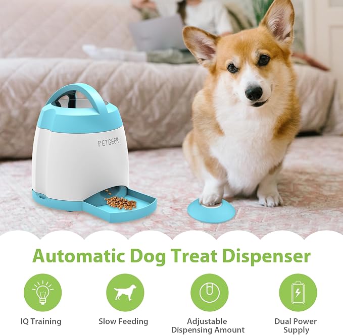 PETGEEK Automatic Dog Treat Dispenser, Interactive Pet Toy Food Dispensing for IQ Training, Dog Food Dispenser with Button Remote Push, Dual Power Supply for Indoor Outdoor Use, Blue | Automatic Food Dispenser Blue Color, Dual Power Supply, Remote Butt...