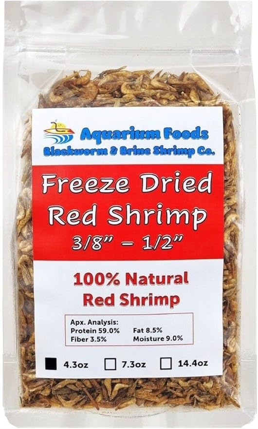 Aquatic Foods Inc. Red Shrimp, 3/8" to 1/2" Floating Freeze Dried Red Shrimp for All Tropical Fish, Cichlids, Medium Size Catfish, Marines, Pond Fish, Turtles, Hamsters, Rodents…4.3oz Clear Bag