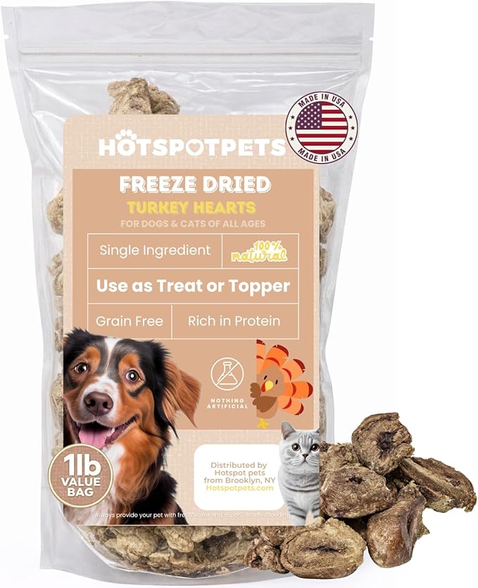 hotspot pets Freeze Dried Turkey Hearts Treats for Cats & Dogs - Made in USA, 1lb Big Bag, Single Ingredient All Natural Grain-Free Turkey Heart - Great for Training, as a Topper or Snack