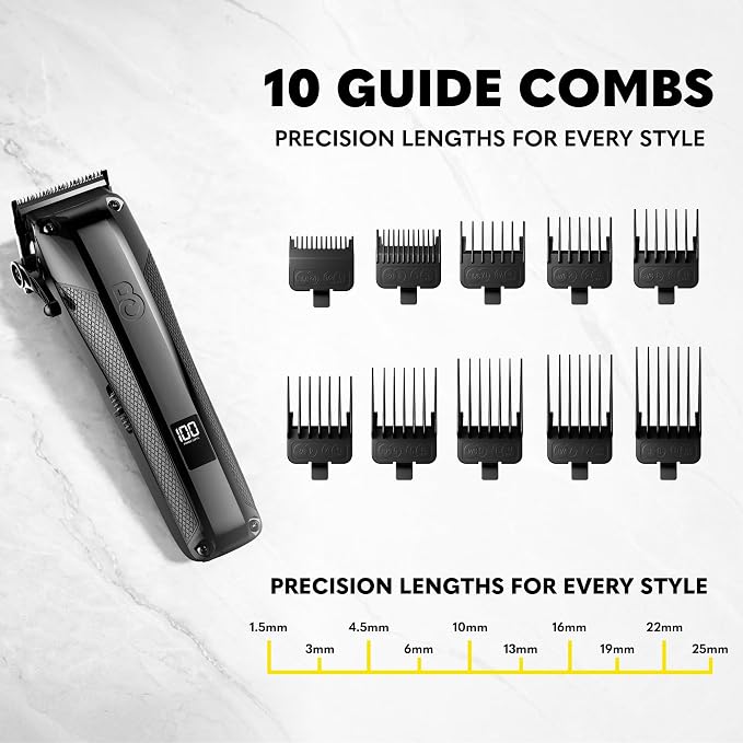 The Beard Club Pro Beard Trimmer for Men - Professional Men's Hair Trimmer for Barbers - Electric Cordless Rechargeable High Power 13,000 RPM - 10 Guides - Taper Lever - Diamond Like Carbon Blades