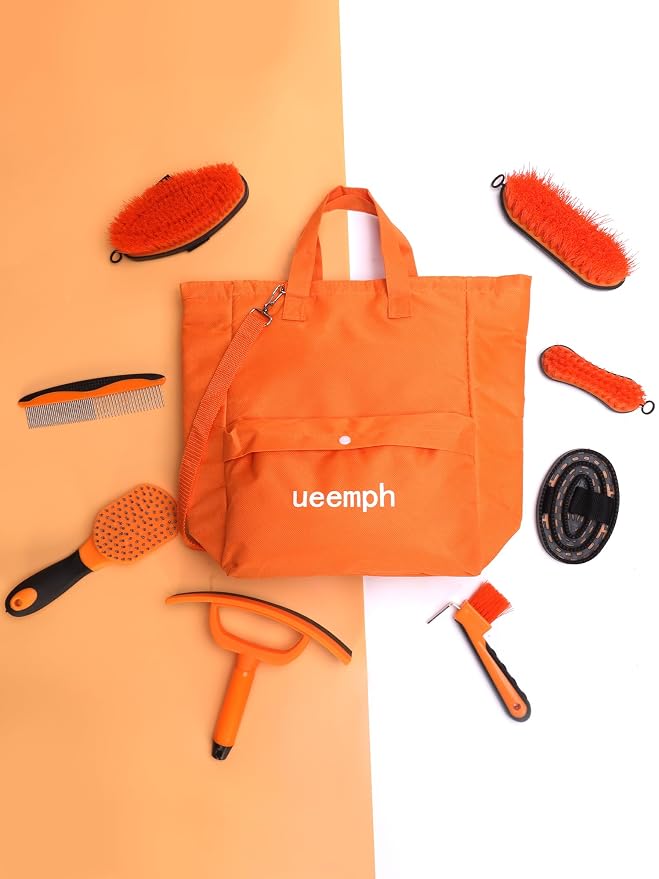 Horse Grooming Kit（13-Piece），Orange Horse Brushes,Storage Bag, Sweat Scraper,Mane Comb,Horse Grooming Gloves, Gifts for Girls (Orange)
