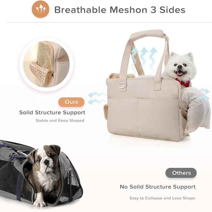 JourCraf Dog Purse Carrier for Small Dogs & Puppies Up 12 Lbs, Soft Cotton Tote Pet Shoulder Bag with Pockets, Foldable & Washable Breathable Puppy Carrier for Yorkie, Chihuahua & Cats - Beige