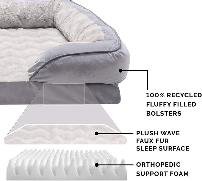 Furhaven Orthopedic Dog Bed for Medium/Small Dogs w/ Removable Bolsters & Washable Cover, For Dogs Up to 35 lbs - Plush & Velvet Waves Perfect Comfort Sofa - Granite Gray, Medium