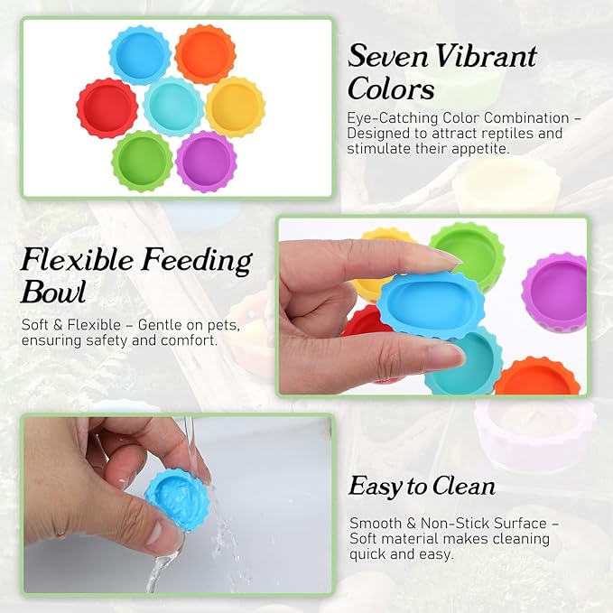 9 PCS Crested Gecko Food and Water Bowl Reusable Small Reptile Feeding Dish Gecko Tank Accessories for Hermit Crab Tarantula Isopods Lizard Easy Clean Silicone 7 Colors Includes Spoon