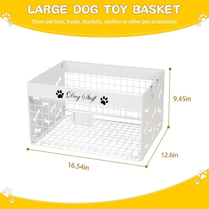Bfttlity Dog Toy Basket Large Metal Toy Box Storage for Dogs Toys, White | Dog Toy Bin with Handles for Living Room Storage Dogs Chew Pets Toys, Blankets, Clothes, Food
