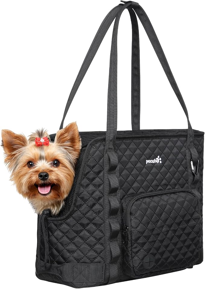 Pecute Dog Purse Carrier, Dog Carrier with Pockets for Small Dogs, Fits Dogs 5 lbs to 9 lbs, Cat and Puppies Tote Bag, Outing, Travel, Vet, Black | Breathable,Foldable,Large Pocket,Built-in safety Rope,Machine washable,Under 9 Lbs