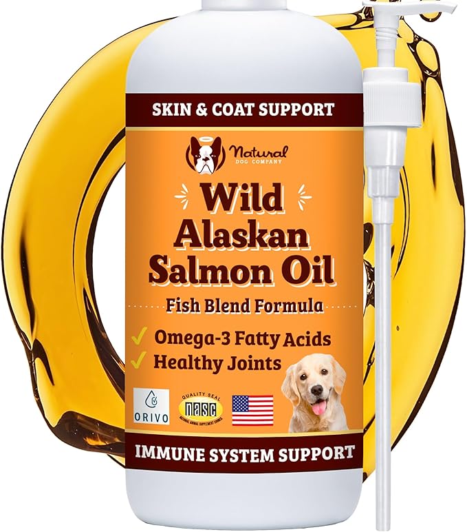Natural Dog Company Wild Alaskan Fish Oil for Dogs – Salmon & Pollock Omega 3 Dog Oil Blend with EPA DHA for Skin Coat Health, Itchy Relief, Joint Heart Immune Support, Liquid Food Topper, 32 oz
