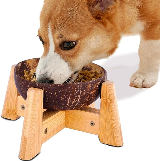 Dog Bowl with Holder for Small Dog | All-Natural Coconut Shell | Raised, Elevated, Eco-Friendly Coco Bowl with Wood Stand | Water-Proof, Water Wet & Dry Food Suitable - 20-oz