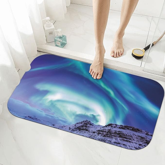 Bathroom Floor Mat, Winter Diatomaceous Mat, Aurora Borealis at Kirkjufell Iceland Natural, 31.4" W x 19.6" L, for Home, Office, Sink,Multicolor