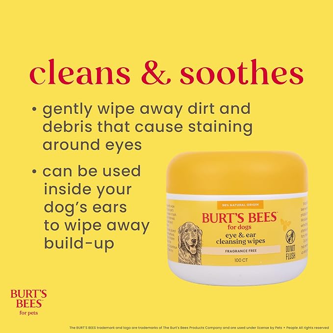 Burt’s Bees for Pets Eye and Ear Cleansing Wipes for Dogs, Fragrance Free - 98% Natural Origin Gentle Wipes Remove Tear Stains and Clean Ear Build-Up, Daily Use, 100 Count