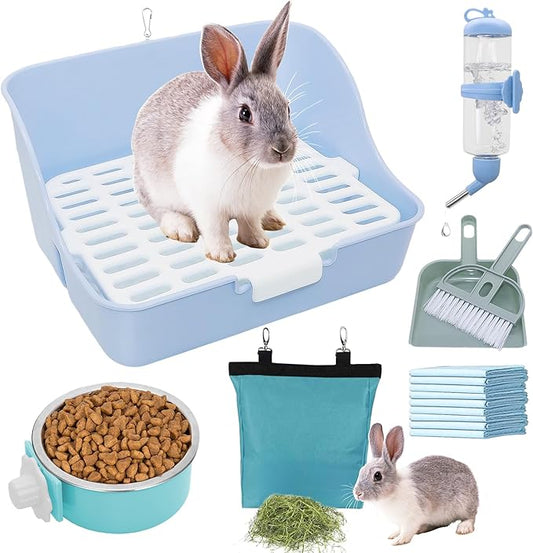 Rabbit Litter Box Trainer with Hay Feeder Hanging Bowls Water Dispenser for Cage Drawer Pan Litter Bedding Small Animal Pet Toilet Bunny Guinea Pigs Chinchilla Ferret Small Animals Blue