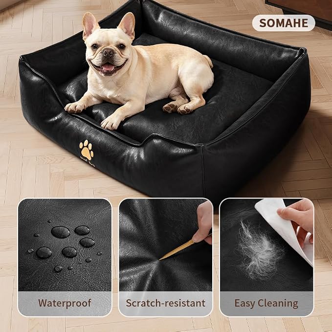 SOMAHE Waterproof Leather Dog Bed, Bolster Couch, 24x19x9 Black | Wipe-Clean Waterproof Leather + Removable Cushion: raised bolsters create a cozy bed for small-medium dogs.