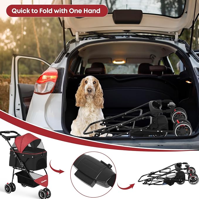 Pet Stroller,Dog Stroller for Small Medium Dogs Cats,3 Wheels,Red+Black | Foldable,with Breathable Mesh Canopy,Cup Holders,Easy Assembly