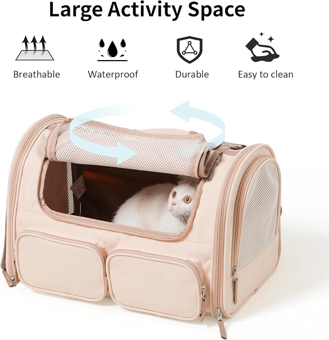FUKUMARU Cat Carrier, Airline Approved Dog Carrier with Rollable Cover | Breathable Soft Cat Carrier, Multiple Doors & 4 Storage Pockets Cat Travel Bag, Durable Pet Carrier for Cat Under 15 lb, Pink