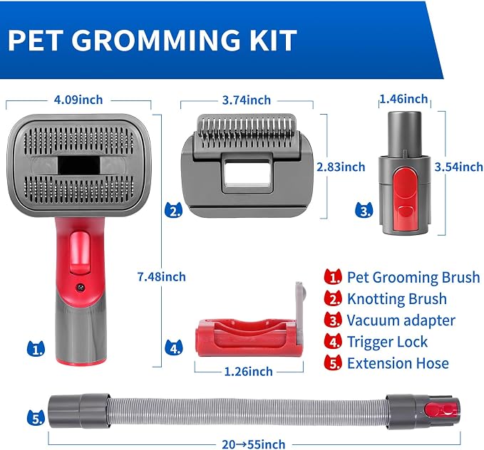 2-in-1 Pet Grooming Kit Compatible with Dyson V7 V8 V10 V11 V15 Cleaner | Dog Hair Vacuum Attachment Removes Loose Hair Dander Undercoat Tangles Self-Cleaning with Extended Vacuum Hose Trigger Lock