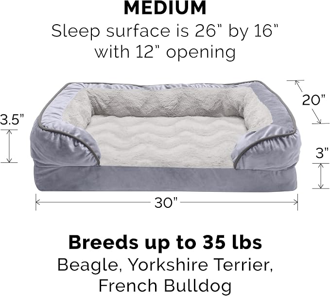 Furhaven Orthopedic Dog Bed for Medium/Small Dogs w/ Removable Bolsters & Washable Cover, For Dogs Up to 35 lbs - Plush & Velvet Waves Perfect Comfort Sofa - Granite Gray, Medium
