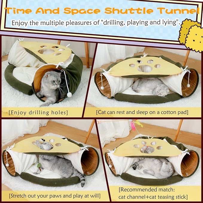 LEFTSTARER 2-in-1 Collapsible Cat Tunnel for Indoor Bed and Hideout - Pet Dog Rabbit Bunny Ferret Tunnel Tubes Toys with Removable Washable Mat, Tower Wheel Stuff