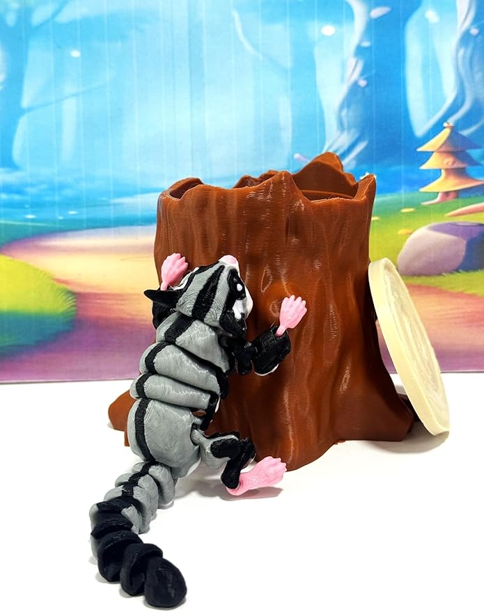3pcs Articulating Sugar Glider Toy with 1 Tree Stump, White Pink Gray Sugar Glider Fidget Toy – Fun, Flexible & Portable Gift for Sugar Glider Lovers - 3D Printed in USA - ASG001-ASS-TS-1