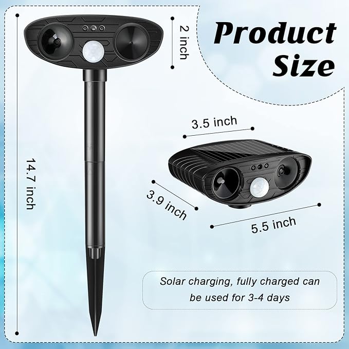 Ultrasonic Animal Repellent Outdoor Solar Powered Repeller Cat Dog Squirrels Deer Deterrent Waterproof Motion Sensor Deterrent for Yard Garden Rabbit Fox Pest (Black, Green,4 Pieces)
