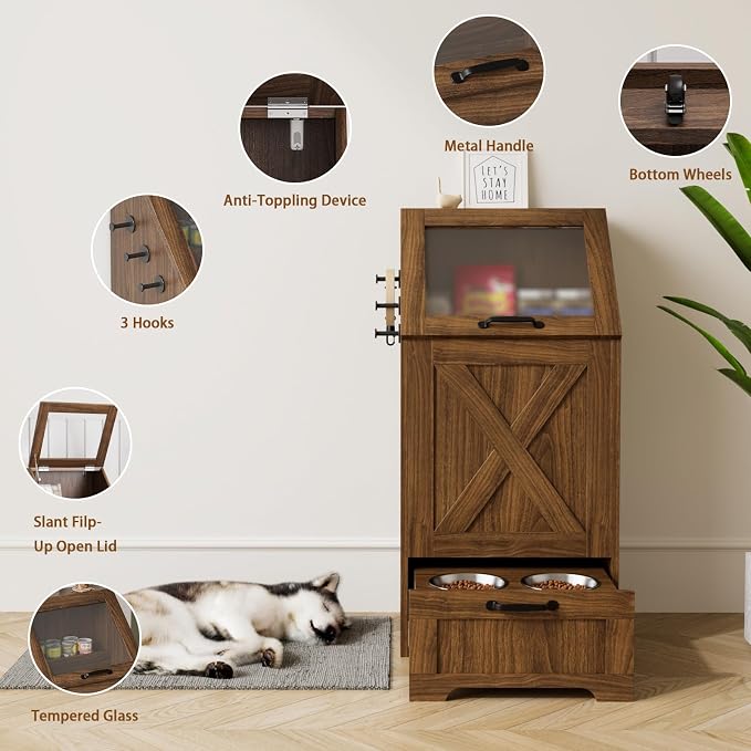 Dog Feeding Station with Storage Cabinet and 2 Elevated Dog Bowls, Hidden Pet Food Storage Organizer for Dog &Cat, Modern Dogs Furniture, Walnut