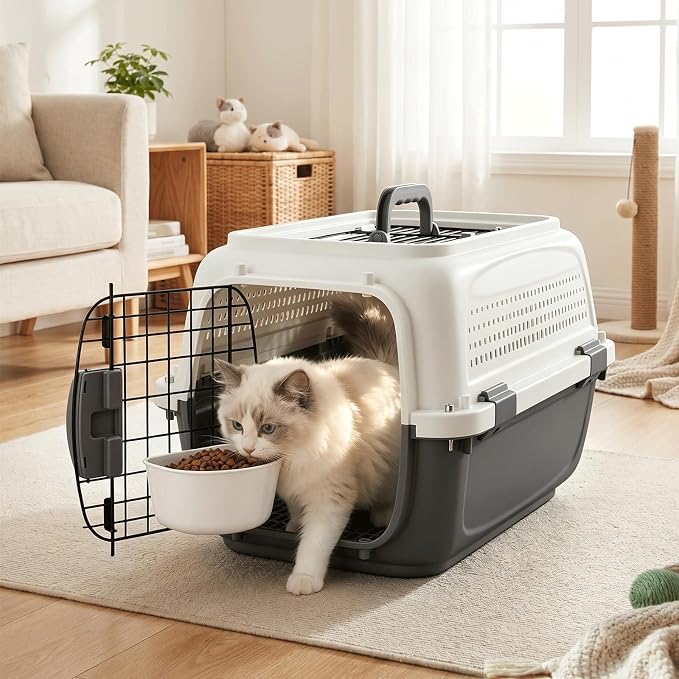 22.5" Hard-Sided Pet Carrier for Small Dogs & Cats, Plastic Cat Carriers | Front & Top Door Access, Ventilation Design, Feeding Bowl Included, for Camping & Trips, for Small Pets up to 26 lbs, Gray