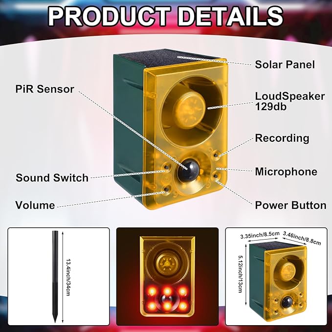 Qualirey Solar Outdoor Motion Sensor Alarm with Stake Gunshot Sound Dog Barking, 3 Modes Support Recording & Adjustable Volume USB Charging 129 dB Loud Noise Maker for Animal Deterrent (8 Pcs,Yellow)