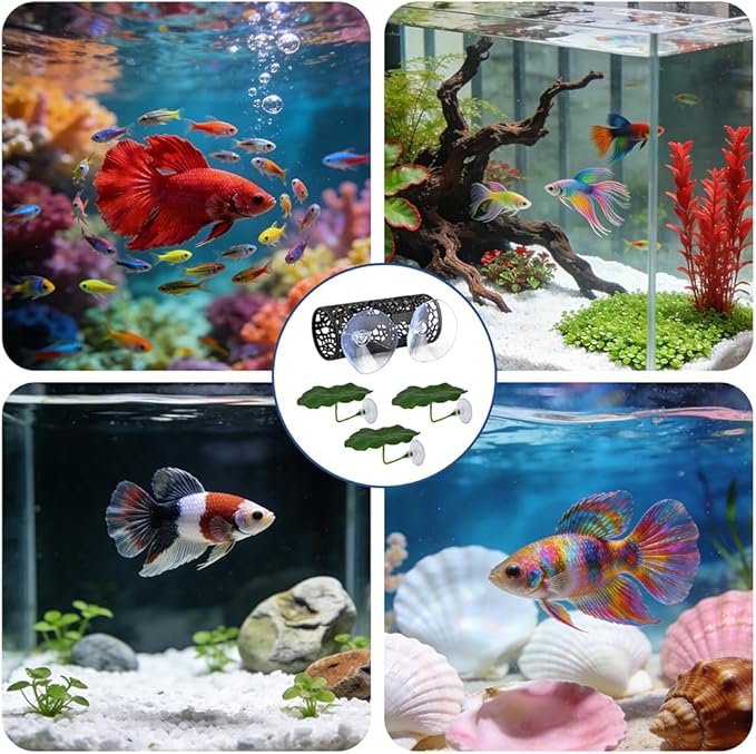 Betta Fish Toy, Betta Fish Tunnel Hammock, Safe Aquarium Decor for Smallfish Shrimp, Bettas Tank Accessories with Suction Cup & Simulated Lotus Leaves Perfect for Hideout/Play Area