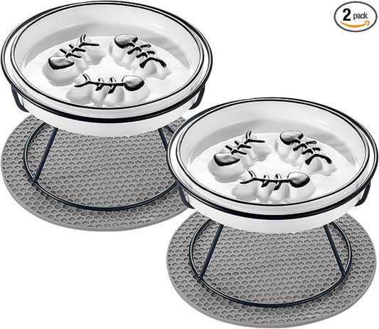 Ceramic Elevated Cat Bowls Set, Anti Vomit, Removable Dishes, Black 2-Pack | Removable Ceramic Bowls Elevated Anti Vomit Food & Water Feeding Black 2-Pack
