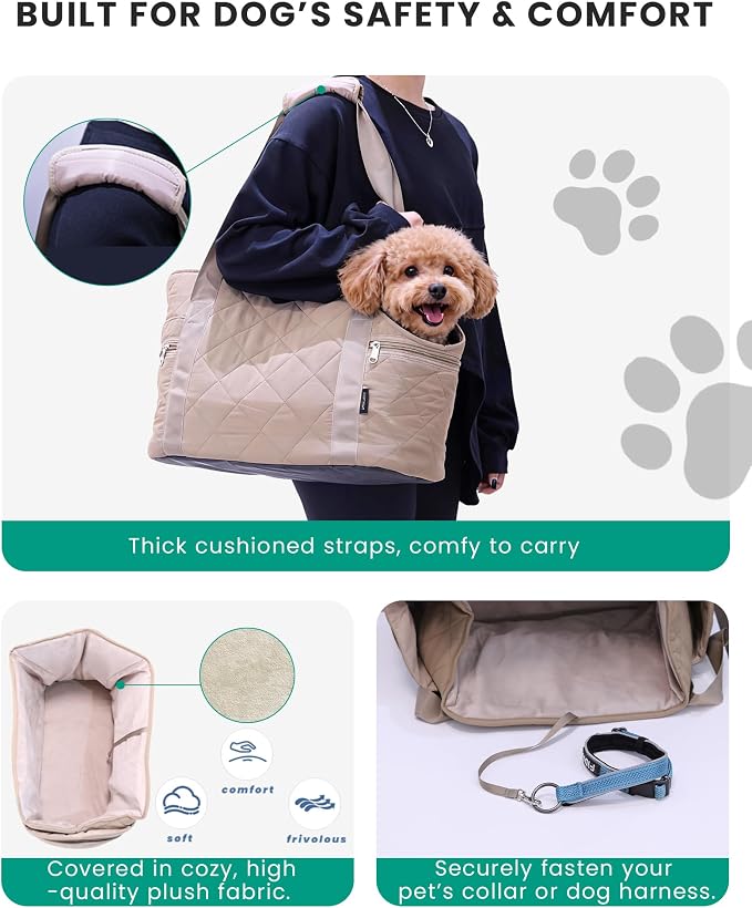 Lightweight Dog Purse Carrier for Small Dogs up to 15 lbs, Dog Tote Bag Puppy Carrier, Soft Plush Interior, Safety Leash Clip, 4 Side Pockets Dog Carrier Bag for Travel & Walking, Camel