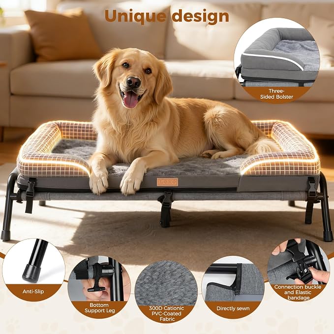 Lekereise Outdoor Elevated Dog Bed,Raised Dog Beds for Large Dogs, Washable Dog Cot with Headrest Sides, Non-Skid Feet,Breathable Mesh,Cooling Pet Beds for Indoor or Camping