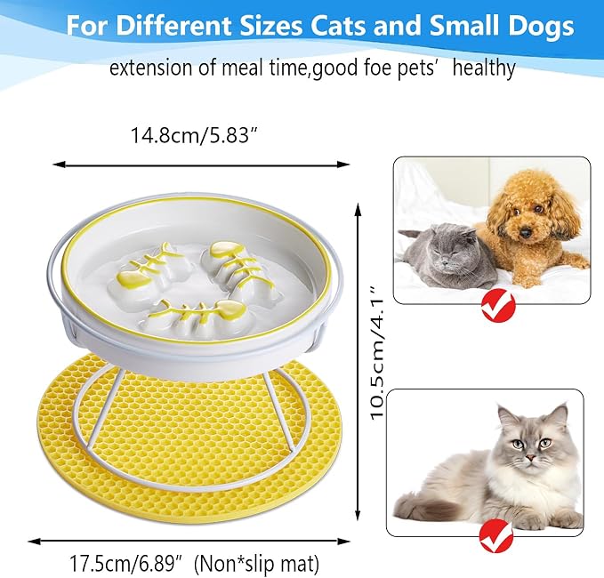 Ceramic Slow Feeder Cat Bowl, Elevated Whisker Friendly Design, Yellow