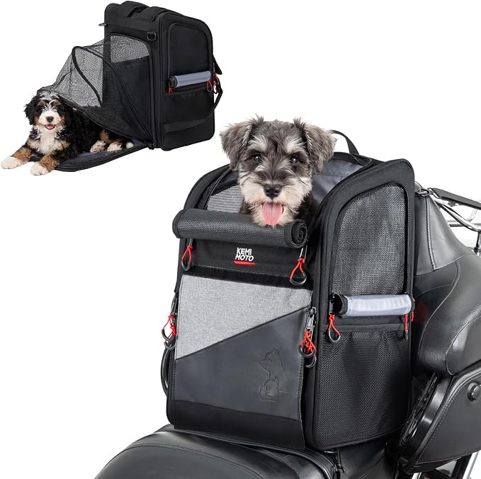 KEMIMOTO Expandable Motorcycle Dog Carrier for Small Dogs &Cat Under 17 lbs | Backpack with Anti-Escape Safety Leash, Foldable Pet Bag, Padded Shoulder Straps Fits for Touring Trike Camping, Daily use