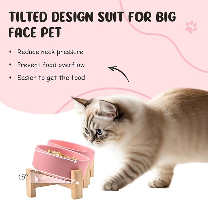 SPUNKYJUNKY 15° Slanted Ceramic Dog and Cat Bowl with Wooden Stand, Tilted Bulldog Food and Water Bowl No Slip Non-Spill for Cats Medium Dogs Big Face Pets 13.5 OZ (1.7 Cups, Pink × 2)