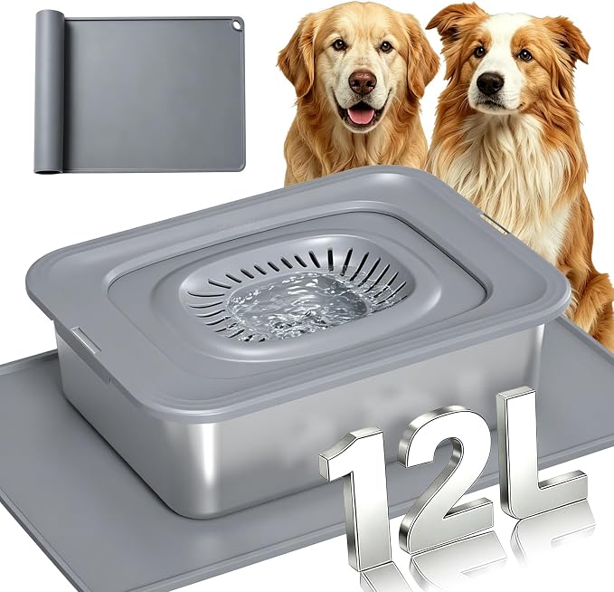 12L/3.17Gal Large Dog Water Bowl No Spill Stainless Steel | Pet Water Bowl for Messy Drinkers, Anti-Slip XXL Silicone Mat, Floating Disk & Dual Filtration