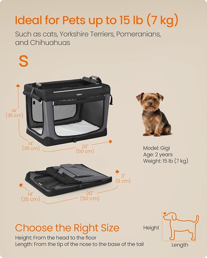 Feandrea Collapsible Dog Crate, Portable Travel Crate, 20-Inch | Oxford Fabric Pet Carrier with 4 Mesh Doors, Handles, Storage Pocket, Water Bottle Holder, UPDC015BH02