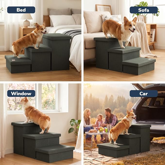 3-Step Wide Dog Stairs with Hidden Storage 18" H, Non-Slip Dog Steps for High Bed Couch Window Car, Jiont-Friendly Pet Stairs Ramp for Small/Medium/Large Old Dogs Cats Up to 200lbs, Grey Green