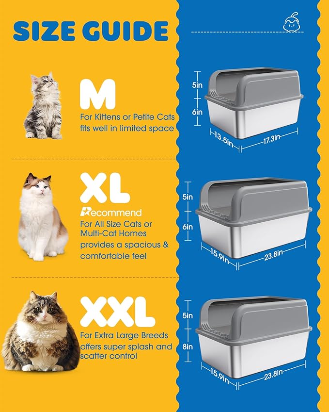 Powools Stainless Steel Cat Litter Box, Metal Litter Box with Scoop, High- Sided, Anti-Leakage Top Entry, Non-Sticky, Easy to Clean, Grey, XL (2 Pack)