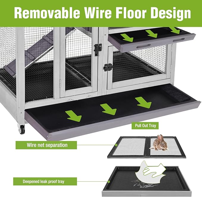 Gutinneen 2-Story Rabbit Hutch Indoor Wooden Bunny Cage with Removable Wire Mesh Floor, Chew-Proof Ramp, Lockable Wheels, Pull Out Trays for 1-2 Rabbit, Guinea Pig, 40.6" L x 26" W x 37.6" H