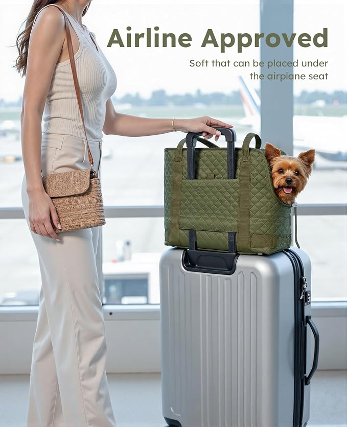 Pecute Dog Purse Carrier, Dog Carrier with Pockets for Small Dogs, Fits Dogs 5 lbs to 9 lbs, Cat and Puppies Tote Bag, Outing, Travel, Vet, Green | Breathable,Foldable,Large Pocket,Built-in safety Rope,Machine washable,Under 9 Lbs