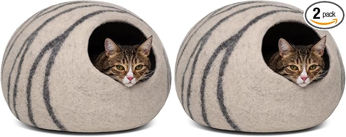 Cat Cave – Premium Felt Cat Bed for Indoor Cats, Handmade 100% Merino Wool (Light Grey, Medium) (Pack of 2)