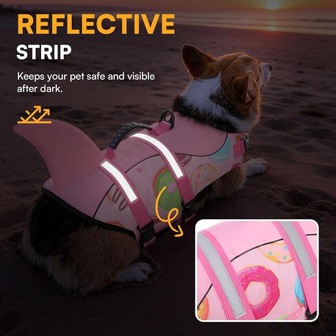 Dog Life Jacket, Dog Life Vest for Swimming, Doggie Shark Swimming Vest with Rescue Handle, Adjustable Reflective Pet Lifesaver Preserver for Small Dogs, Pink Donut XS