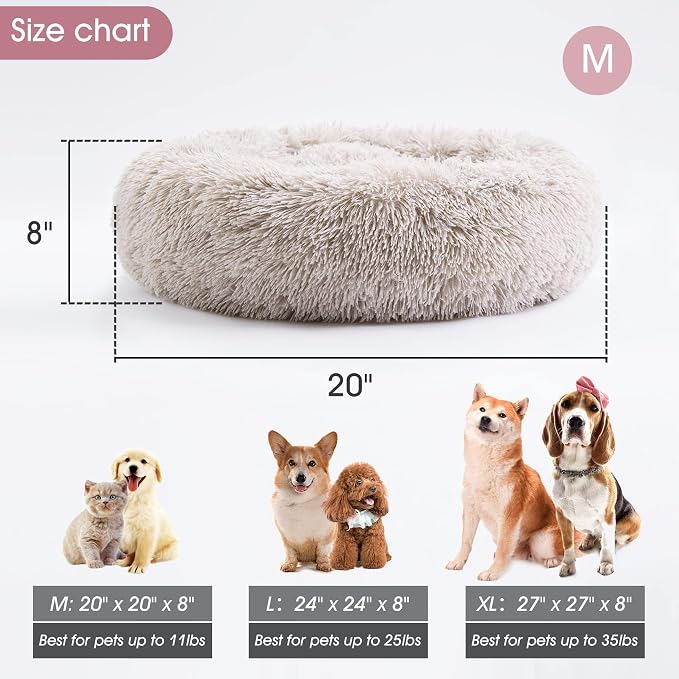Western Home Calming Donut Cat Bed Small Dog Bed Washable,20" White Khaki | Fluffy Faux Fur Round Cuddler,Anti-Anxiety,Anti-Slip Bottom,Self-Warming Pet Bed for Small Dog&Kitten&Puppy,Up to 12 LBS